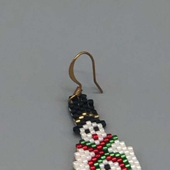 Handmade beaded snowman white black pierced earrings 2" long hat Christmas READ - Picture 2 of 5